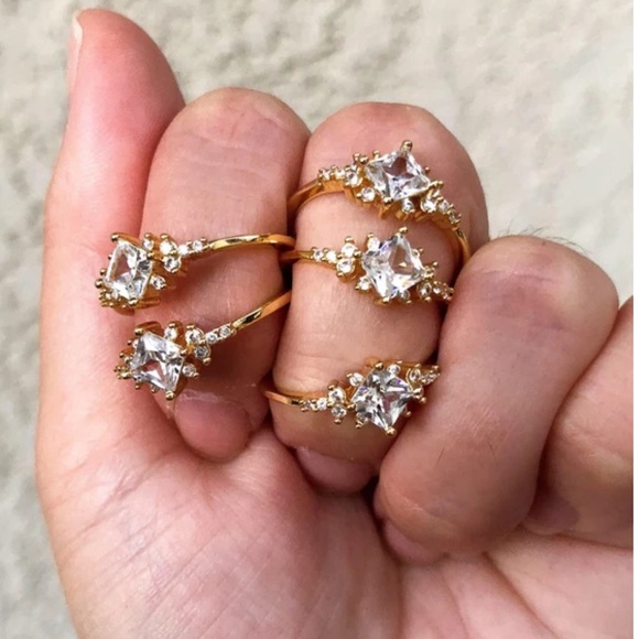 🌸 DIAMOND RING CZ BRIDE BOHO CHIC GOLD RHINESTONE - Picture 2 of 7